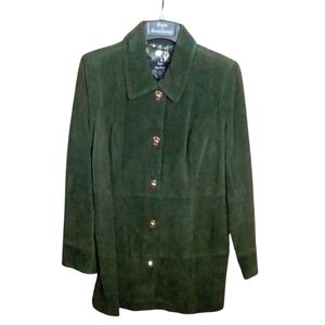 Dennis Basso Washable Suede Turnkey Jacket Animal Print Lining Medium Green Flaw